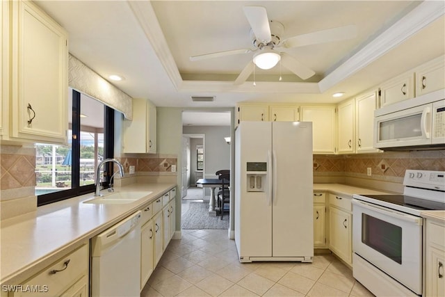 kitchen with tasteful backsplash, white appliances, a tray ceiling, ceiling fan, and sink