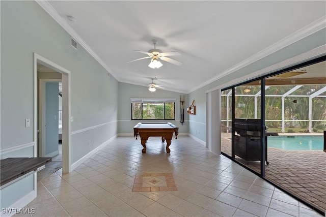 recreation room featuring ceiling fan, crown molding, lofted ceiling, a swimming pool, and light tile patterned floors