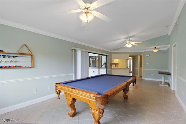 playroom with ornamental molding, vaulted ceiling, ceiling fan, light tile patterned floors, and billiards