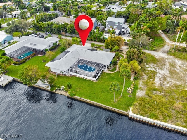 drone / aerial view featuring a water view