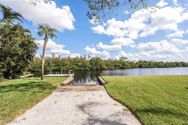 dock area featuring a water view and a yard