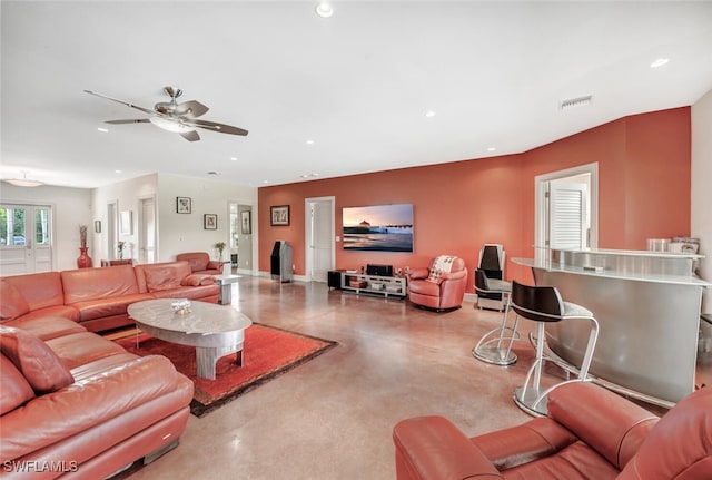 living room with ceiling fan