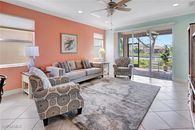 tiled living room with crown molding and ceiling fan