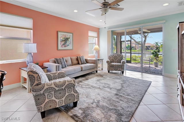 10430 Spruce Pine Ct, Fort Myers, FL 33913 - living room with crown molding, a ceiling fan, light tile patterned flooring, and visible vents