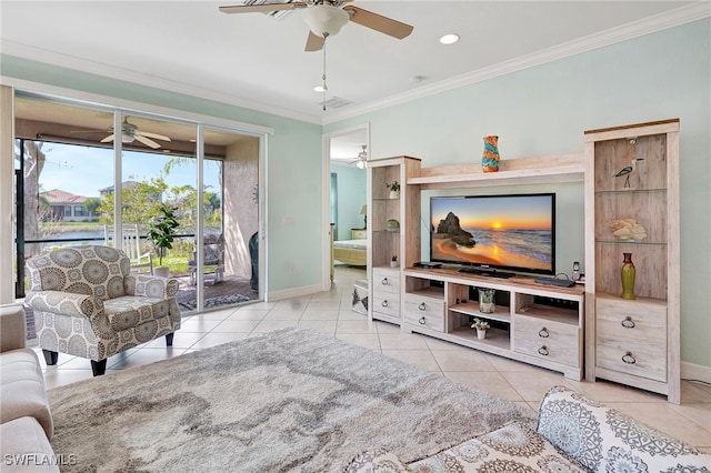 tiled living room with crown molding and ceiling fan