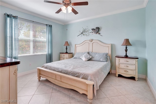 tiled bedroom featuring ceiling fan and crown molding