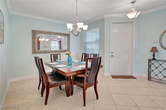 dining area with crown molding, an inviting chandelier, and light tile patterned floors