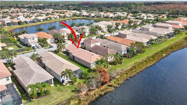 aerial view featuring a water view