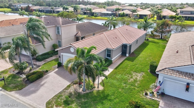 aerial view featuring a water view