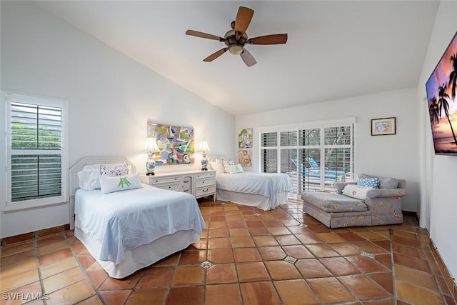 tiled bedroom featuring ceiling fan and high vaulted ceiling