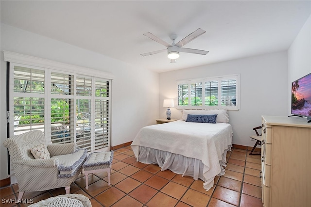 bedroom featuring ceiling fan and light tile patterned flooring