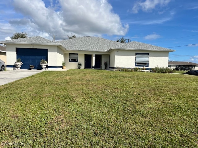 ranch-style home with a front lawn and a garage