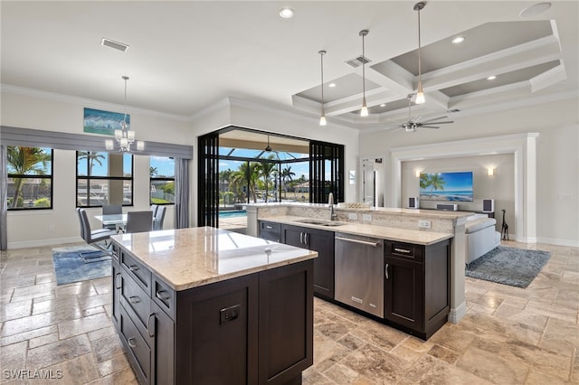 kitchen featuring coffered ceiling, dishwasher, pendant lighting, and a center island with sink