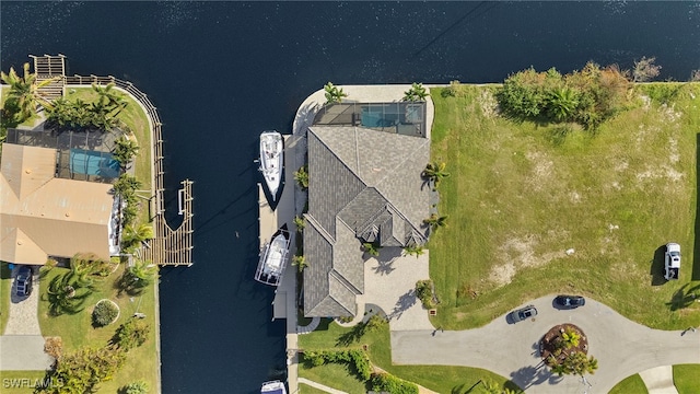 aerial view featuring a water view