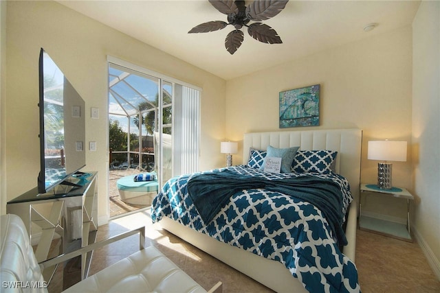 tiled bedroom featuring access to exterior and ceiling fan