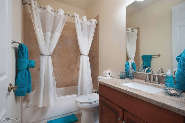 full bathroom with vanity, toilet, and shower / bathtub combination with curtain