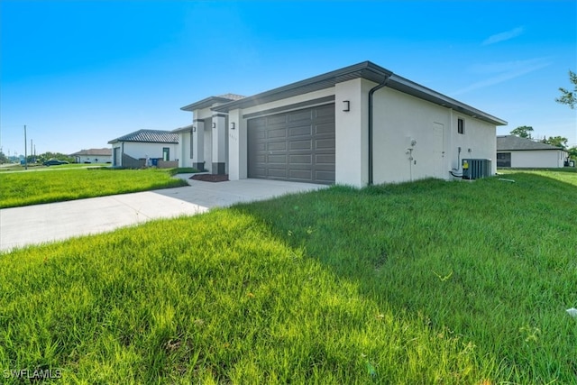 view of property exterior featuring central air condition unit, a lawn, and a garage