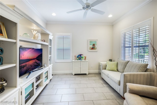 living room with crown molding, light tile patterned floors, and ceiling fan