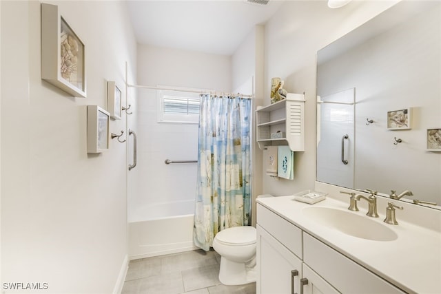 full bathroom with tile patterned flooring, vanity, shower / tub combo, and toilet