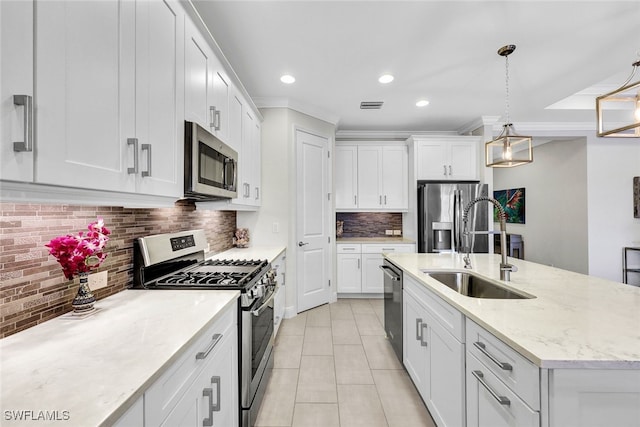 kitchen featuring pendant lighting, white cabinets, sink, tasteful backsplash, and stainless steel appliances