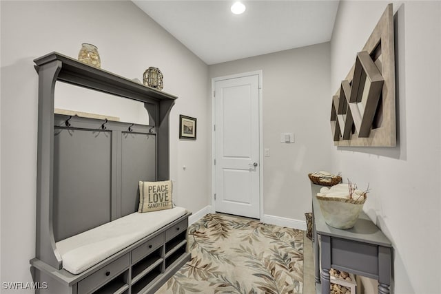 mudroom with light carpet