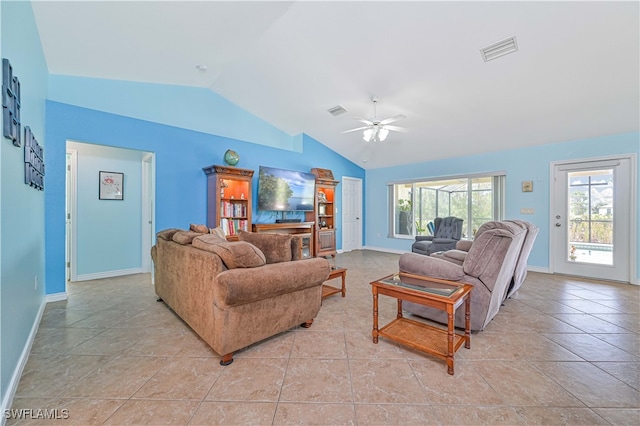 living room with ceiling fan, high vaulted ceiling, and light tile patterned floors