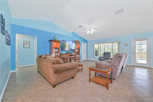 3922 NE 23rd Pl, Cape Coral, FL 33909 - living room featuring light tile patterned floors, a ceiling fan, visible vents, baseboards, and vaulted ceiling