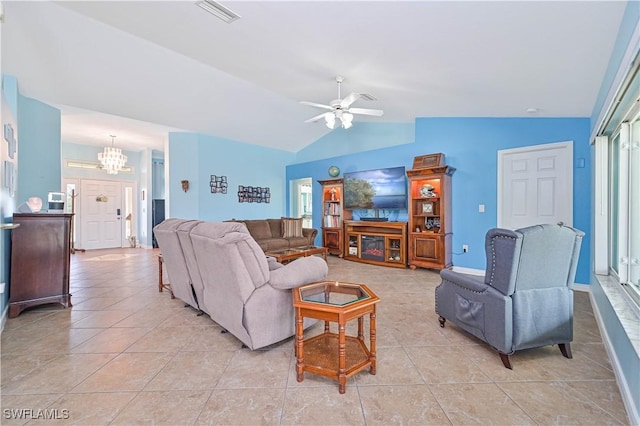 3922 NE 23rd Pl, Cape Coral, FL 33909 - living area featuring lofted ceiling, ceiling fan with notable chandelier, visible vents, light tile patterned floors, and baseboards
