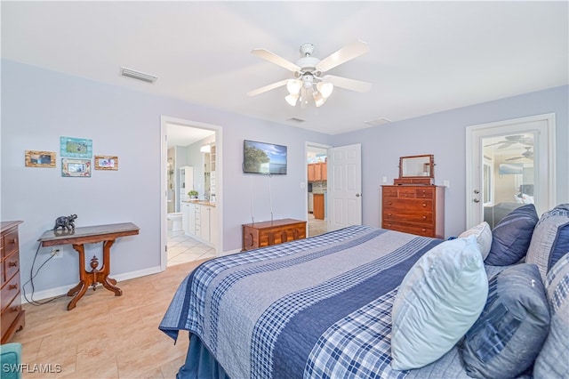 bedroom featuring connected bathroom, ceiling fan, and light tile patterned floors