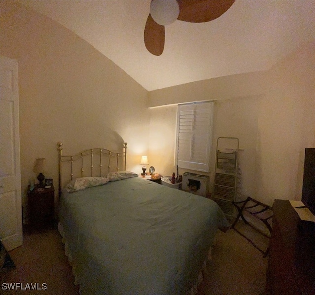 bedroom with ceiling fan and vaulted ceiling