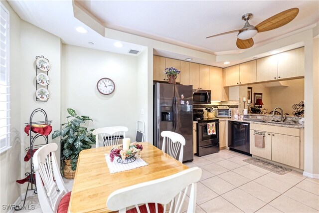 1105 Van Loon Commons Cir Unit 301, Cape Coral, FL 33909 - kitchen featuring stainless steel appliances, a sink, ceiling fan, light brown cabinets, and recessed lighting