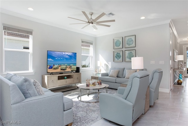 tiled living room featuring crown molding and ceiling fan