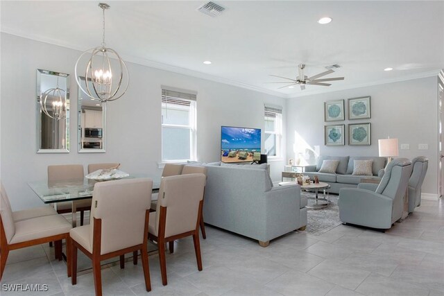 dining area featuring recessed lighting, visible vents, and crown molding