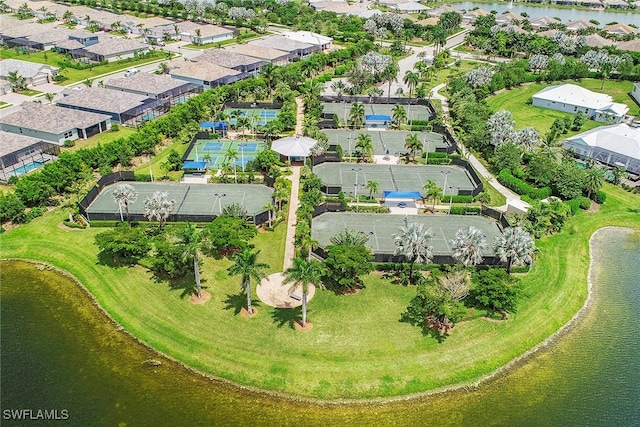 aerial view featuring a residential view and a water view