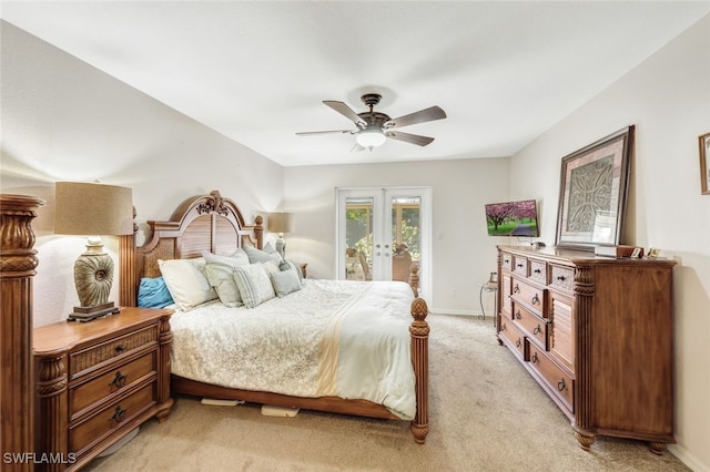 bedroom featuring access to outside, ceiling fan, french doors, and light carpet