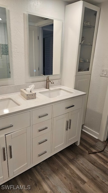 bathroom with wood-type flooring and vanity