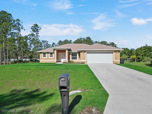 ranch-style home with a front yard and a garage