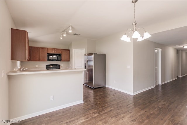 kitchen featuring black appliances, kitchen peninsula, decorative light fixtures, a notable chandelier, and dark hardwood / wood-style floors