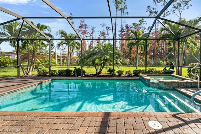 view of pool featuring a lanai and an in ground hot tub