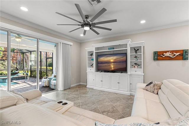 living room with crown molding and ceiling fan