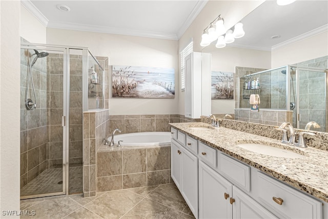 bathroom with vanity, ornamental molding, and plus walk in shower