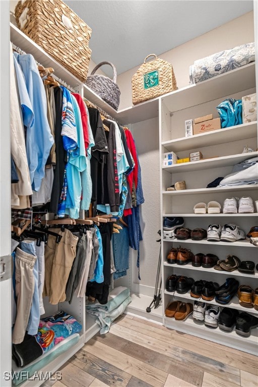 walk in closet with hardwood / wood-style floors