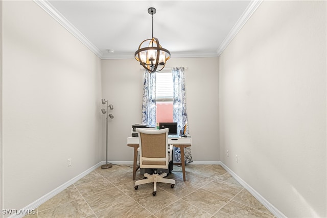 office space with crown molding, a notable chandelier, and light tile patterned floors