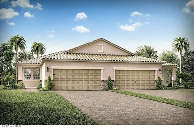 view of front of house with a garage and a front lawn