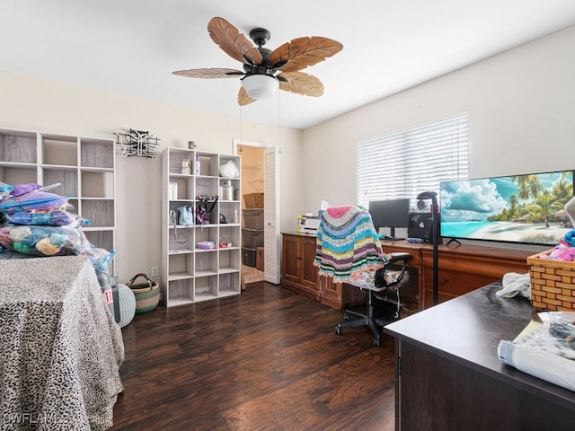 office space featuring dark wood-type flooring and ceiling fan