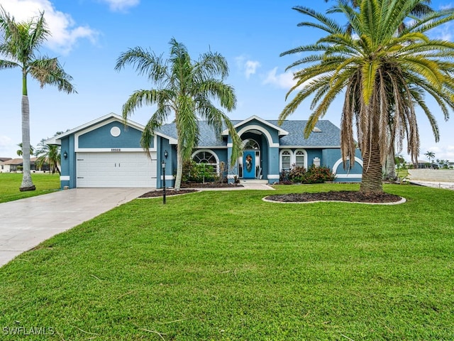 single story home with a garage and a front lawn