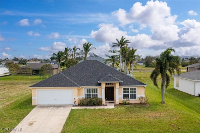 view of front facade featuring a front yard and a garage