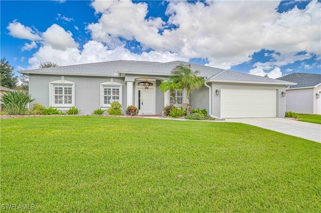 ranch-style home with a front yard and a garage