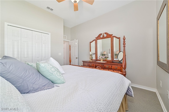 carpeted bedroom with a closet and ceiling fan