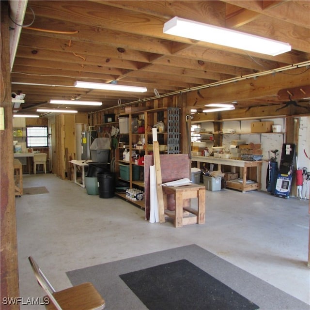 garage with a workshop area